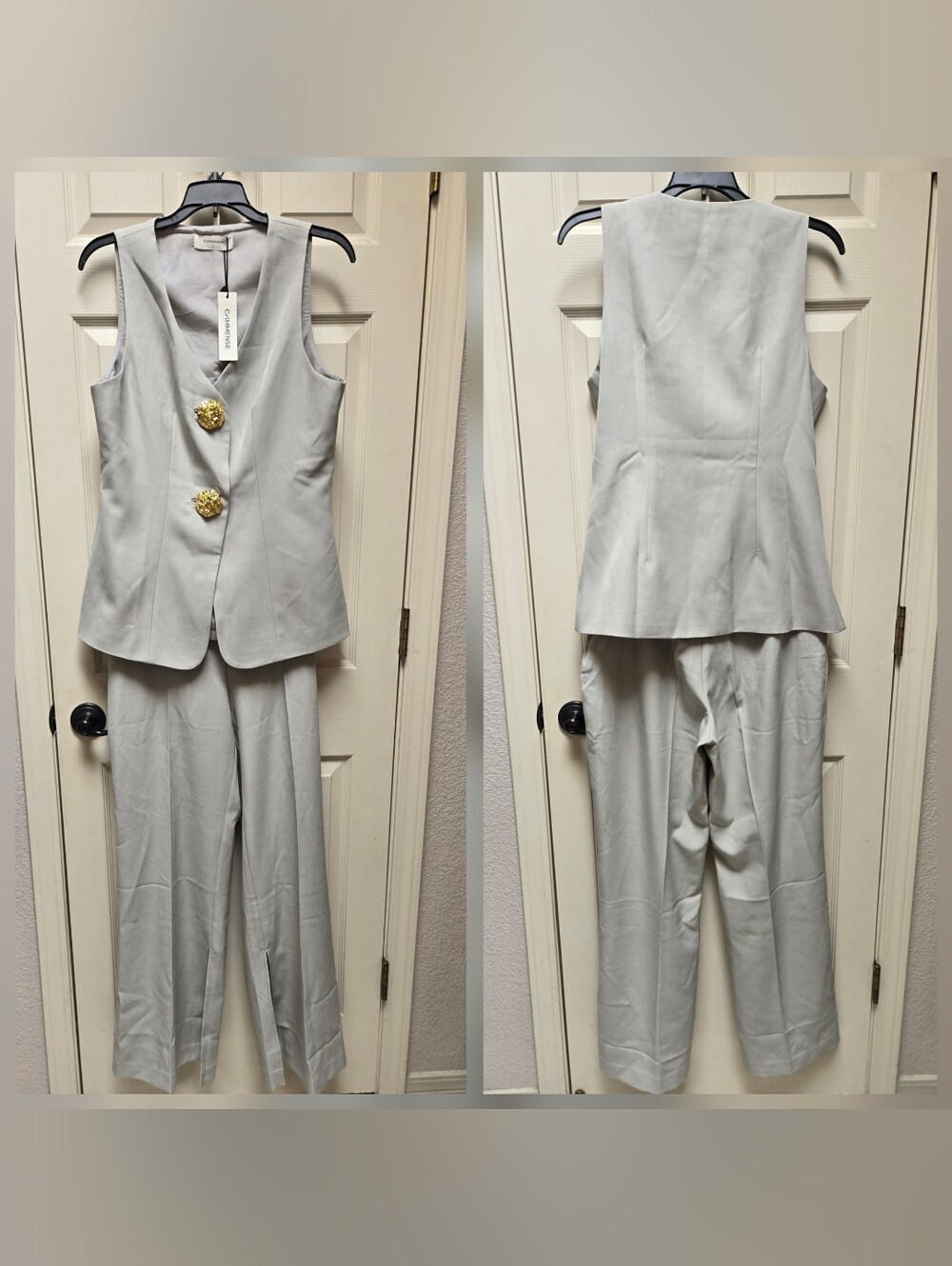 NWT Commense Grey Wide-Leg Pantsuit with Gold Button Vest, Large - Picture 2 of 6
